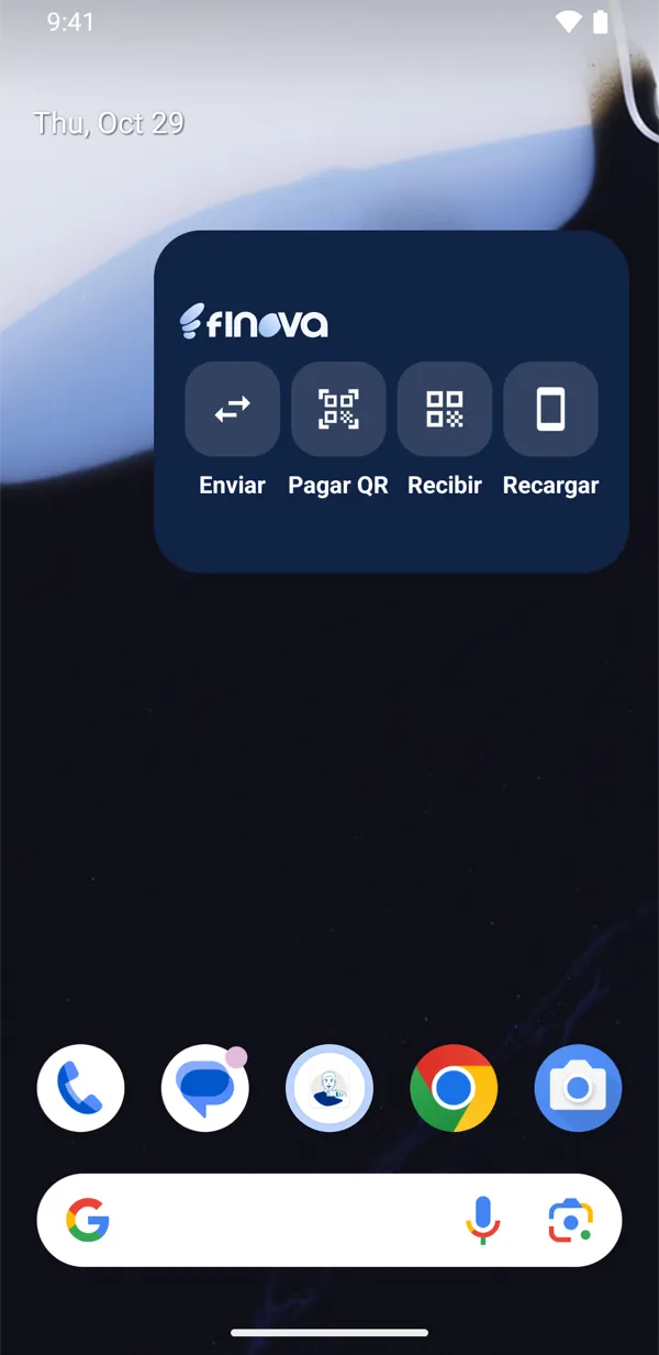 Widget de Finova en la pantalla de inicio con Enviar, Pagar QR, Recibir y Recargar
